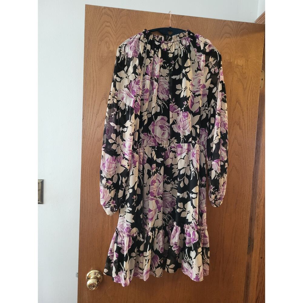 Ralph Lauren Floral Crinkle Georgette Tie Black Lavender Sparkle Dress EUC 8 - Picture 3 of 8